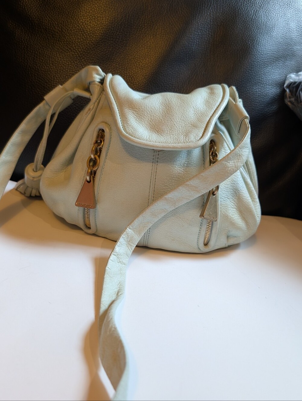 See By Chloé "Cherry" Crossbody Bag Mint Green Leather Front Zip Hobo Slouchy